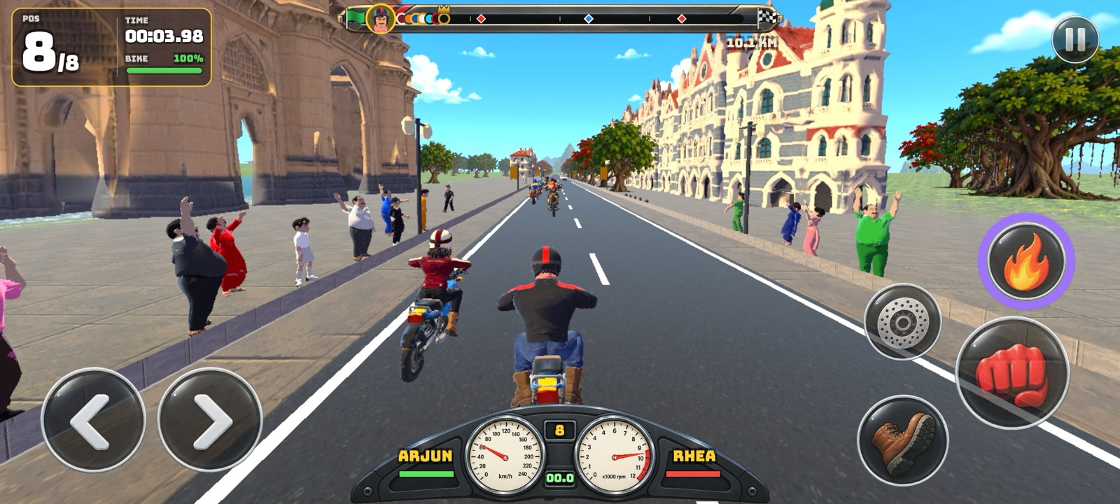 In-game race start in Mumbai beside a basalt harbour arch, with a cheering crowd, a rival alongside and the touch controls on screen