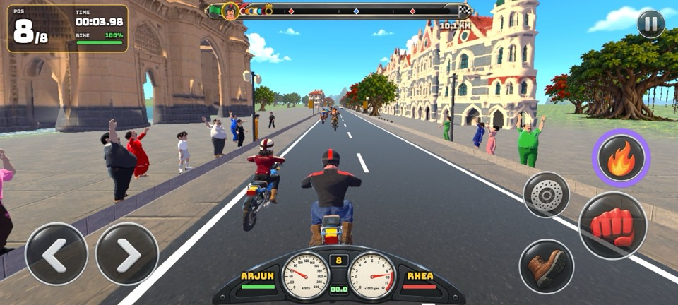 In-game race start in Mumbai beside a basalt harbour arch, with a cheering crowd, a rival alongside and the touch controls on screen