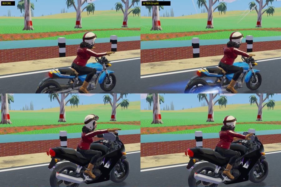 Before and after: Rhea rode with one arm stuck out sideways; now both hands hold the grips