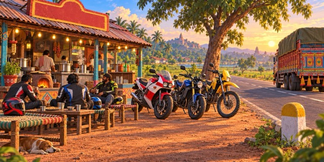 Riders drink chai at a roadside dhaba at sunset, their bikes parked beside a painted truck