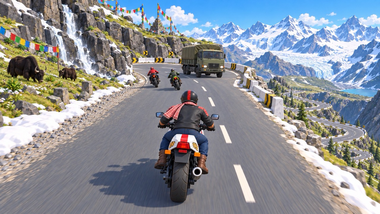 A rider climbs a snowy Himalayan pass with a waterfall, yaks and a green truck on the road ahead