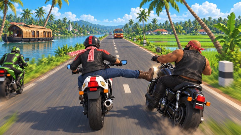 Sadak Fury key art: a rider kicks a rival on a Kerala backwater road