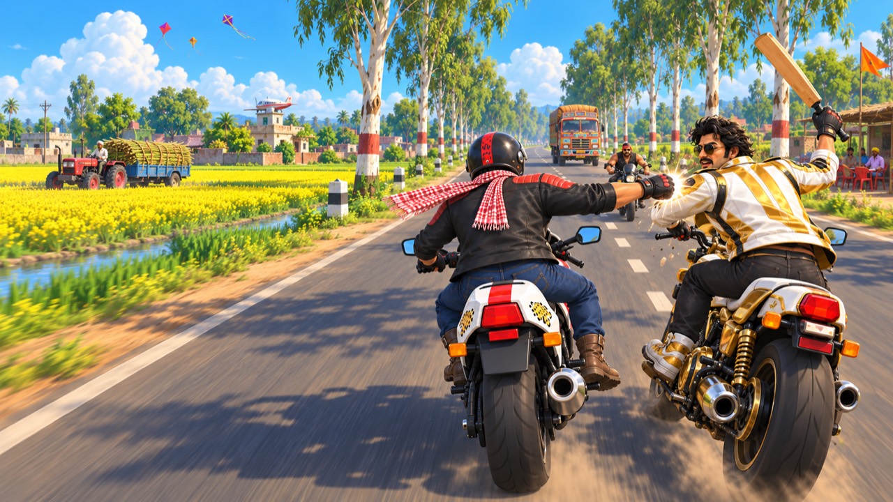 A rider punches a rival who is swinging a cricket bat, on a Punjab highway between yellow mustard fields
