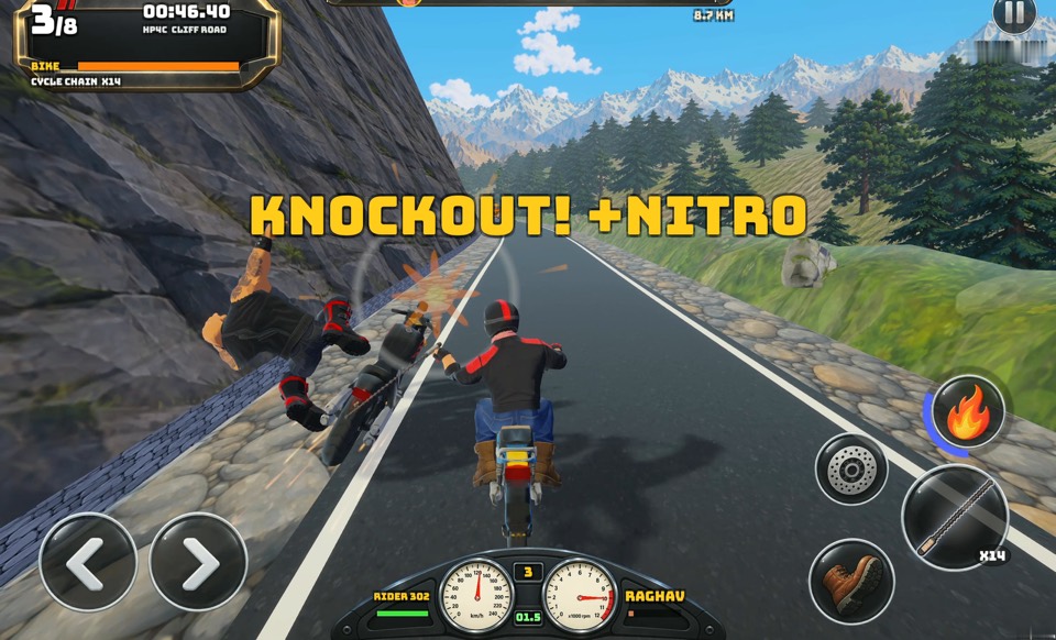 Sadak Fury gameplay screenshot: KNOCKOUT! as a rival tumbles off his bike beside a Himalayan cliff wall