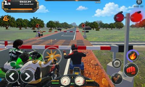 Gameplay screenshot: a fight at a railway level crossing
