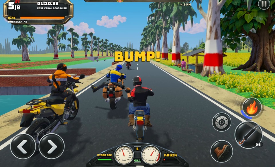 Sadak Fury gameplay screenshot: BUMP! between three riders on a Punjab canal road with mustard fields and painted eucalyptus trees