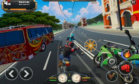 Gameplay screenshot: a punch beside a painted bus in Kolkata