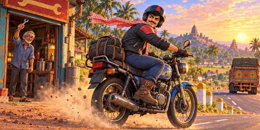 Arjun rides out of his uncle's roadside garage on a borrowed bike