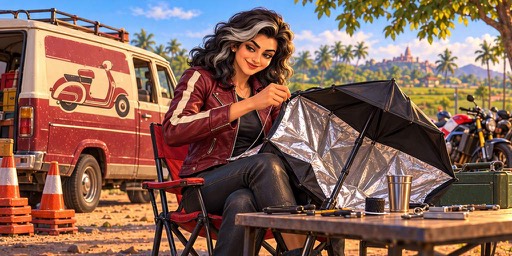 Rhea lines her black umbrella with silver foil at her riding-school van