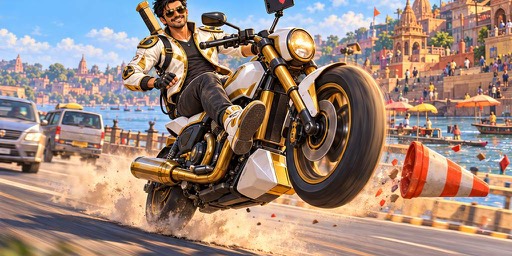 Tony pulls a wheelie on his gold bike, filming himself with a camera on a stick
