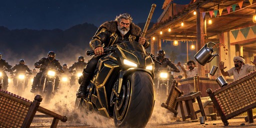 Vikram leads his black-and-gold crew out of the dhaba at night