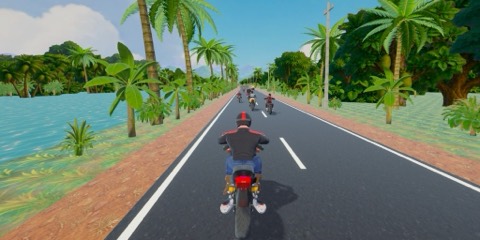 In-game: racing along the Kerala backwater road beside turquoise water and palms