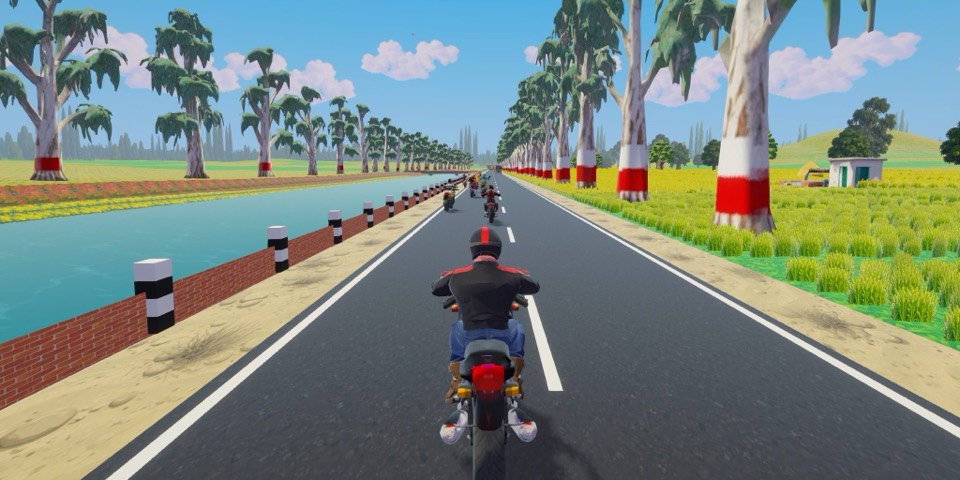 Sadak Fury screenshot: a Punjab canal road lined with eucalyptus