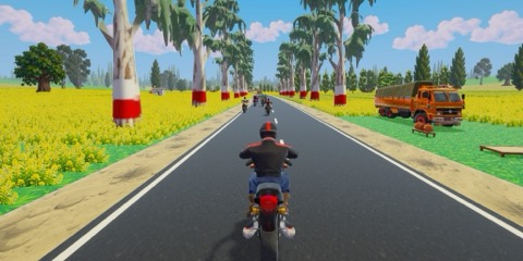 In-game: yellow mustard fields and a painted truck on a Punjab highway