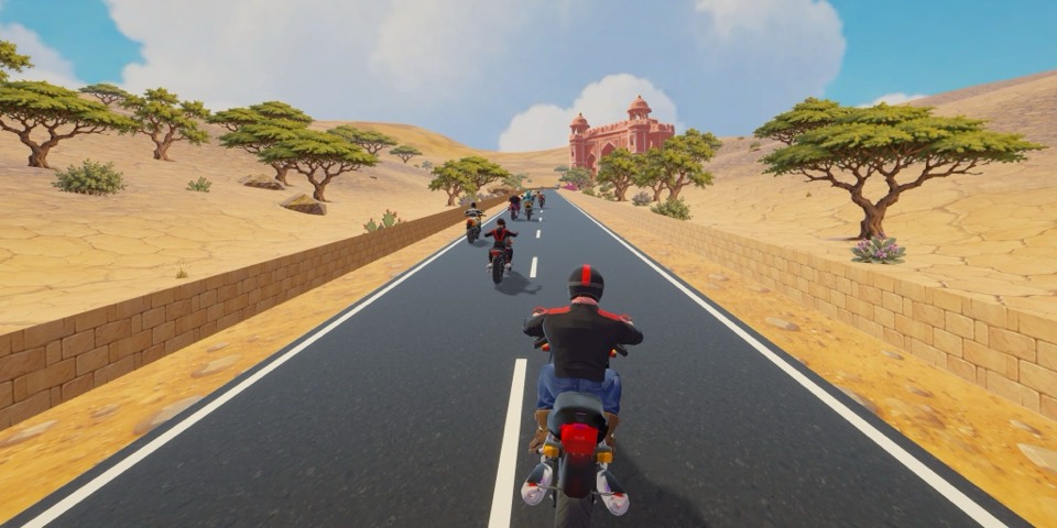 Sadak Fury screenshot: a desert highway in Rajasthan with a fort ahead