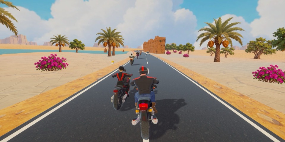 Sadak Fury screenshot: a Rajasthan oasis road with date palms