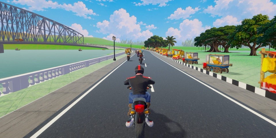 Sadak Fury screenshot: a steel bridge and e-rickshaws on the Kolkata riverside road
