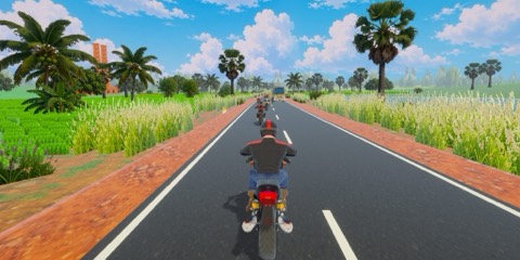 In-game: palm trees and green paddy fields along a West Bengal road
