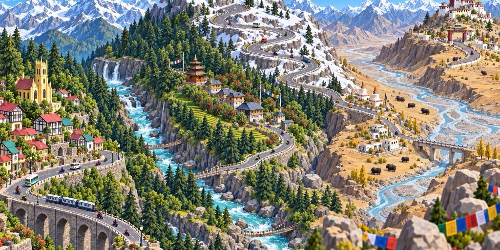 Himachal route map: a mountain road from a hill town through pine forests and a river gorge up to snowy peaks
