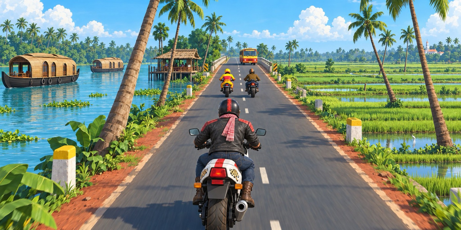 Painted Kerala route art: a rider on a backwater road between houseboats, palms and green paddy fields