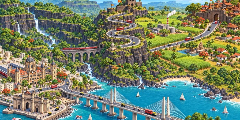 Maharashtra route map: a sea bridge from Mumbai, basalt cliffs with waterfalls, a hill fort and green plains