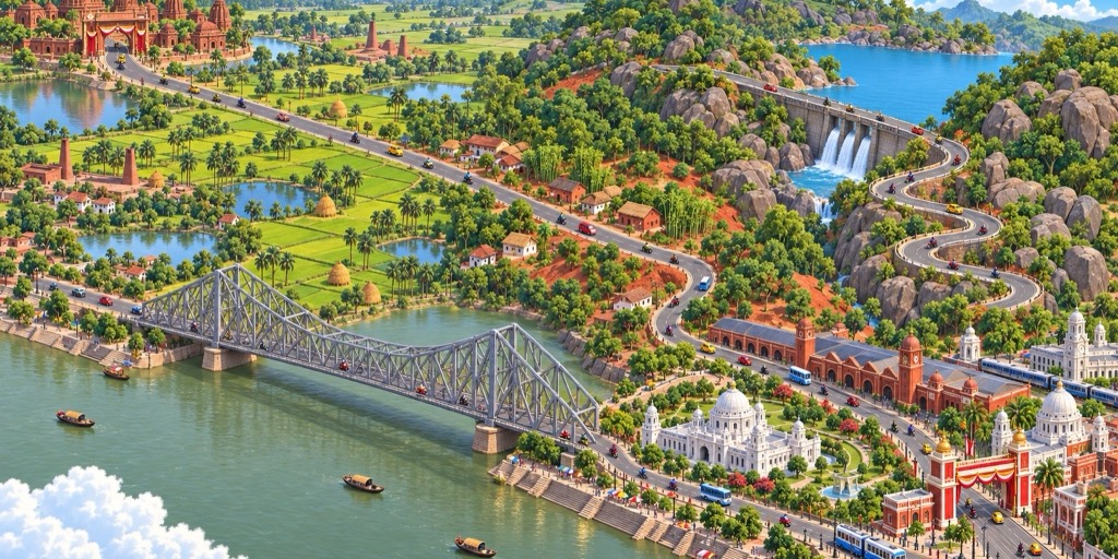 West Bengal route map: a giant steel bridge over the river, red-earth forests, a hill dam and paddy fields