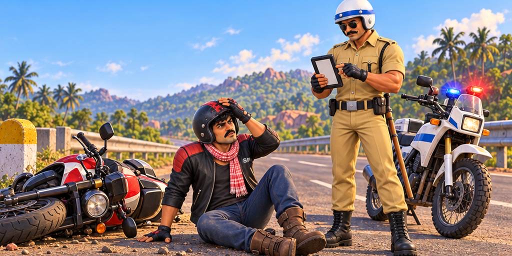 Comic panel: a highway police officer writes a fine for a rider sitting next to his crashed bike