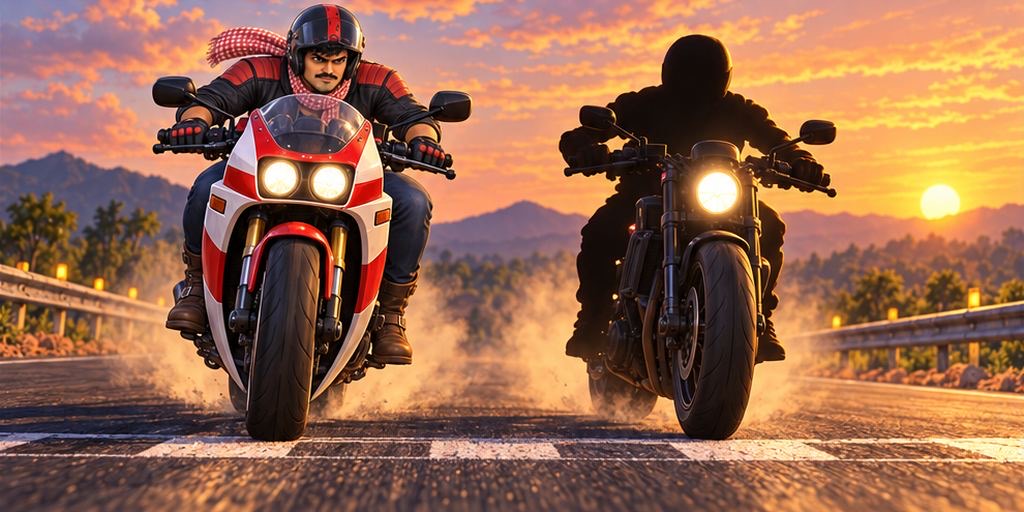 Comic panel: two riders face off before a grudge duel